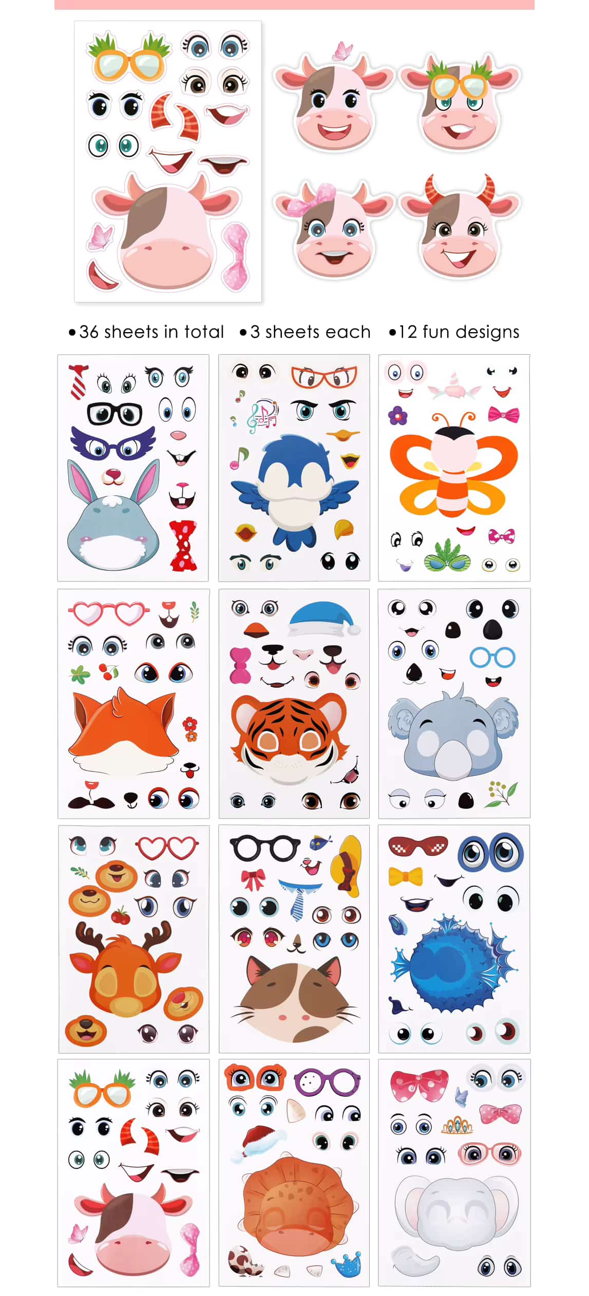 Educational Animal Face Sticker Sheets